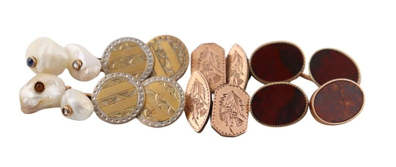 JEWELRY. Assorted Gold and Costume Cufflinks.: Including a pair of unmarked 12kt yellow gold chain link style cufflinks, each with a Baroque-style face featuring a bezel-set diamond accent on one terminal and a bezel-set colored gemstone on the ot