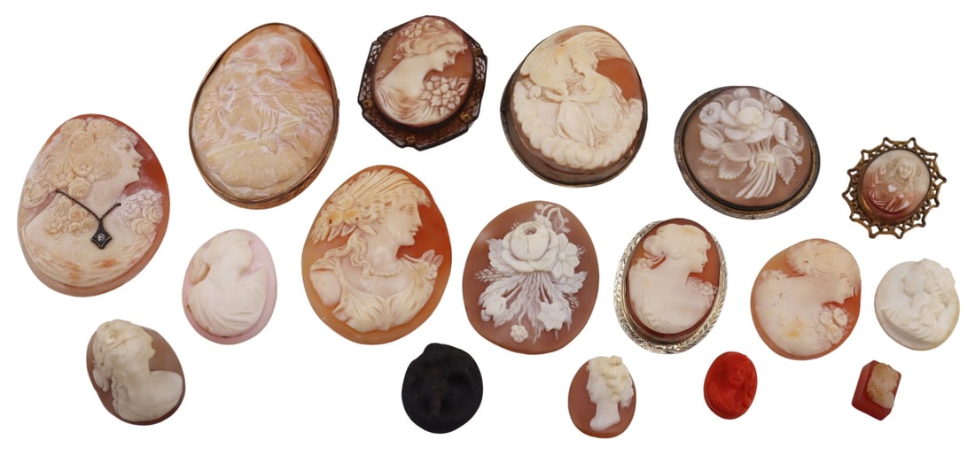 JEWELRY. (17) Carved Cameo Pendants.: Includes a 12.5kt yellow gold mounted carved cameo brooch displaying Hebe feeding the Eagle of Zeus; (11) assorted unmounted carved cameos including carved shell, carved stone, and carved salmon coral