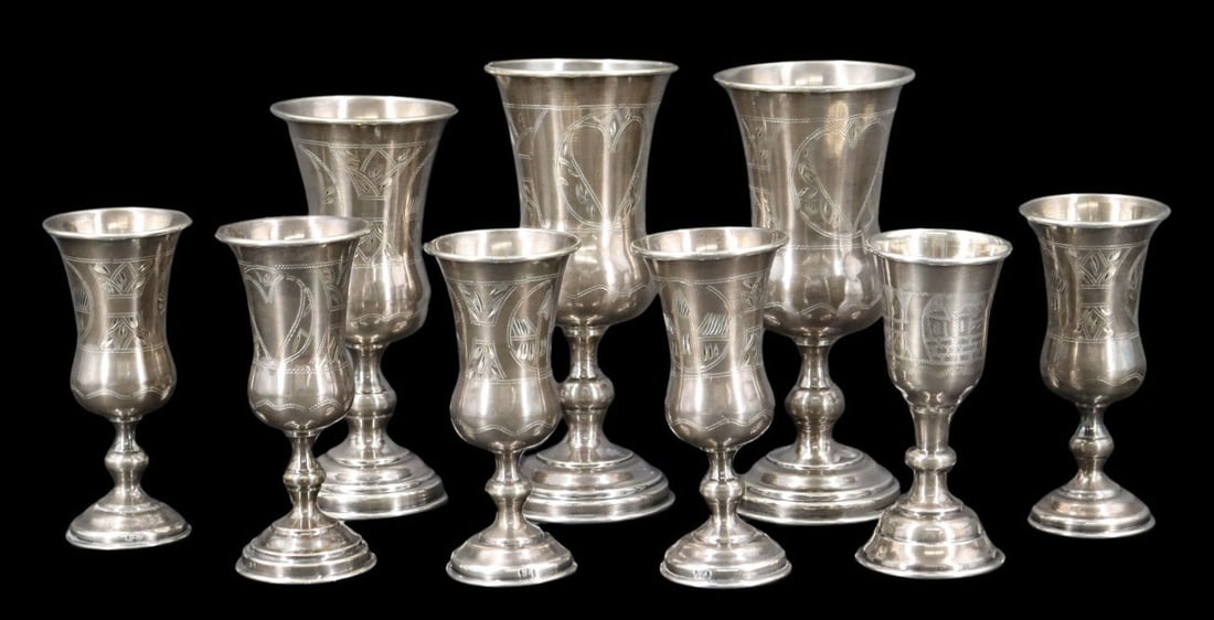 JUDAICA. Collection of (9) Sterling Kiddush Cups. (1 of 8)