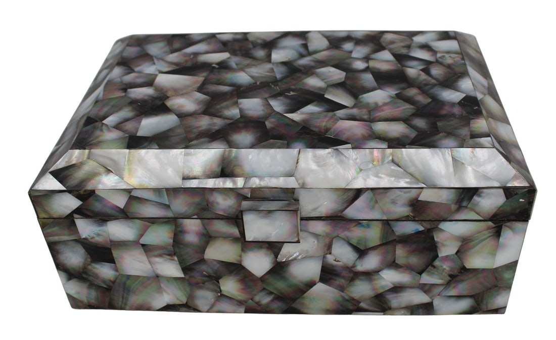Vintage Mother Of Pearl Jewelry Box: A fine quality mother of pearl box with black velvet interior. From a Dix Hills, NY estate. - Dimensions: 12 3/8" x 8 3/8" x 5 1/4"