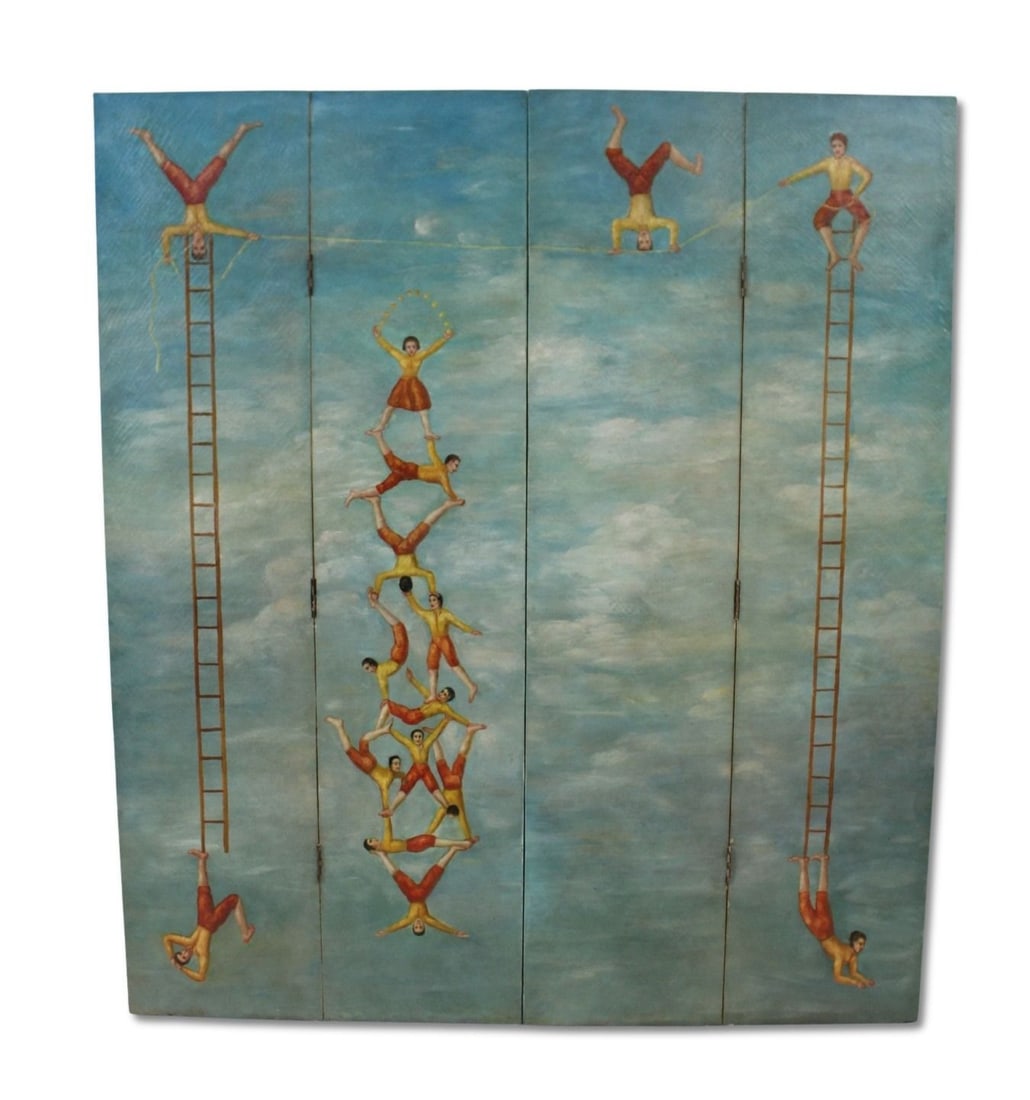 Vintage Hand Painted 4 Panel Screen: Well executed oil on board . From a New Jersey estate . - Dimensions: 72"H x 15" each panel