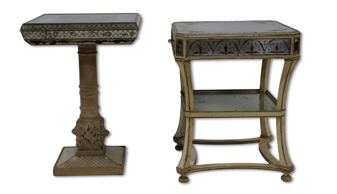 2 Midcentury Venetian Style Mirrored Side Tables .: From a Greenwich CT estate . - Dimensions: 25.5" x20" & 27.5" x19"
