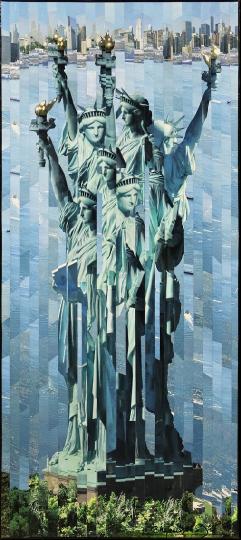 SERGE MENDJISKY (FRENCH, 1929-2017).: Statue de la Liberte' (Statue of Liberty). Photograph collage on canvas. Signed lower right. Property from a Westchester County, NY collection. Dimensions: 67" h x 29.50" w. Frame: 77" h x 39.50" w.
