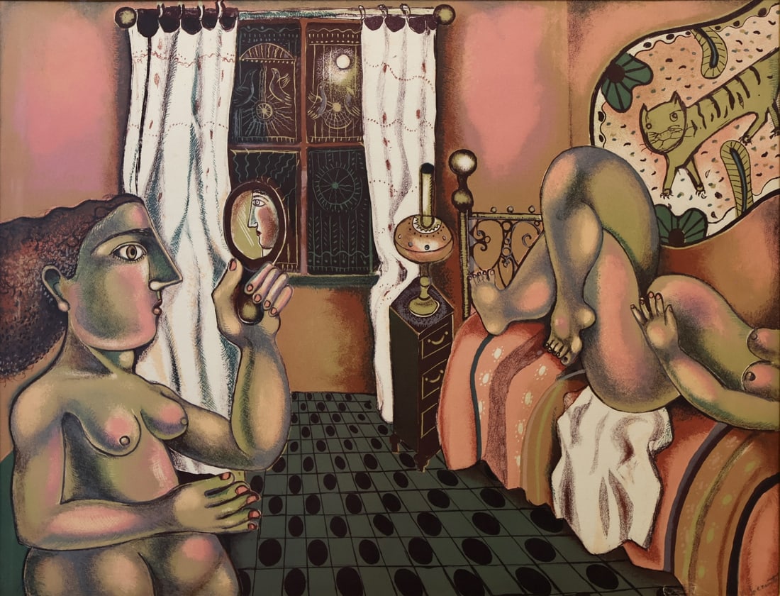 VASILIS SPERANTZAS (GREEK, b. 1938).: Figures in Bedroom'. Lithograph. Signed and 'E.A' lower margins in graphite. Property from a Upper East Side, NYC collection. Dimensions: Sight: 19.75" h x 25.75" w. Frame: 26" h x 31.375" w.