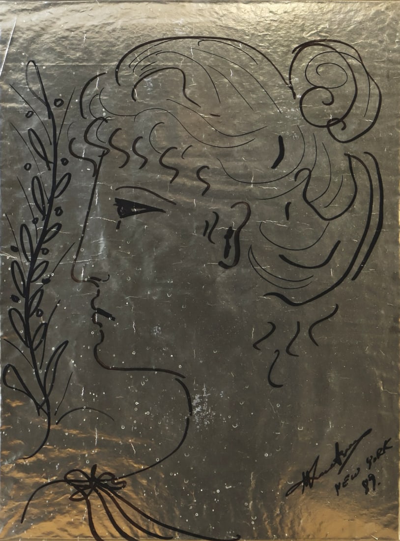 MARA KARETSOS (GREEK, b. 1944).: Portrait of Alexander. Mixed media on foil. Signed with location and date lower right. Property from a Upper East Side, NYC collection. Dimensions: Sight: 25 "h x 18.75" w. Frame: 32.625" h x 26.25" w