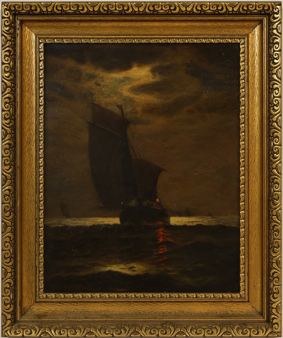 JAMES GALE TYLER (AMERICAN, 1855-1931).: Sailboat Under Moonlight'. Oil on panel. Signed lower left. Property from a Kingston, NY estate. Dimensions: 19.50" h x 15.50" w. Frame: 25" h x 21.75" w.
