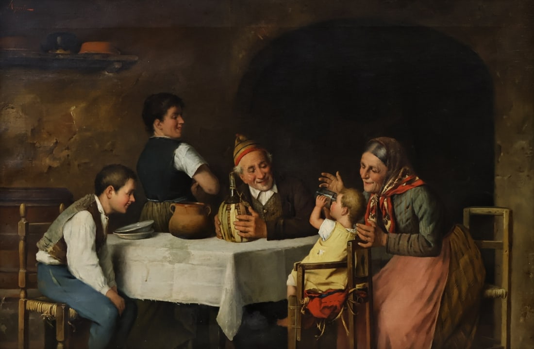 ILLEGIBLY SIGNED (ITALIAN, 19TH CENTURY).: Baby's First Sip'. Oil on canvas. Signed upper left corner. Property from a Nyack, NY estate. Dimensions: 22.50" h x 33.75" w. Frame: 33" h x 44" w.