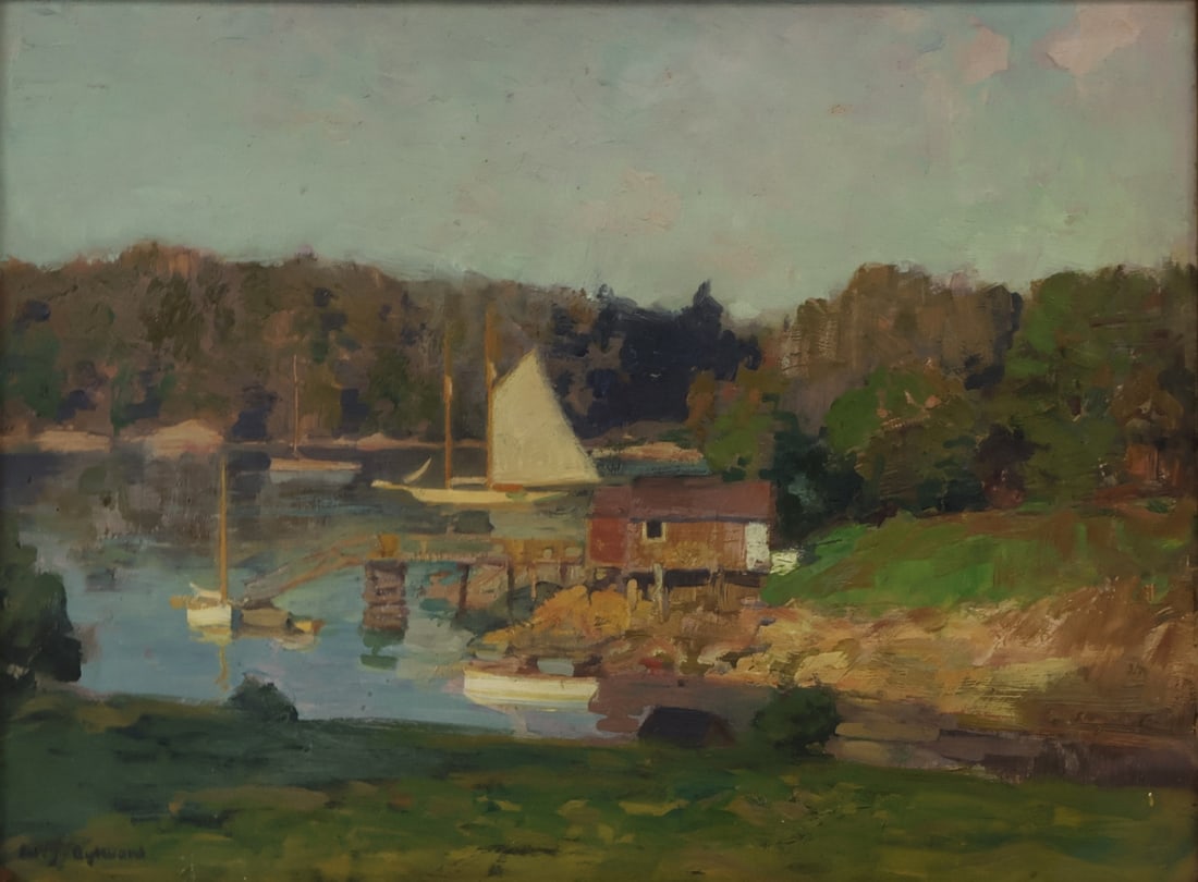 WILLIAM JAMES AYLWARD (AMERICAN, 1875-1956).: The Cove at Southport, Maine. 1916. Oil on board. Signed lower left. Verso: Inscribed artist, title, and date board. Property from a Kingston, NY estate. Dimensions: 12.25" h x 16.25" w. Frame: 16.75"