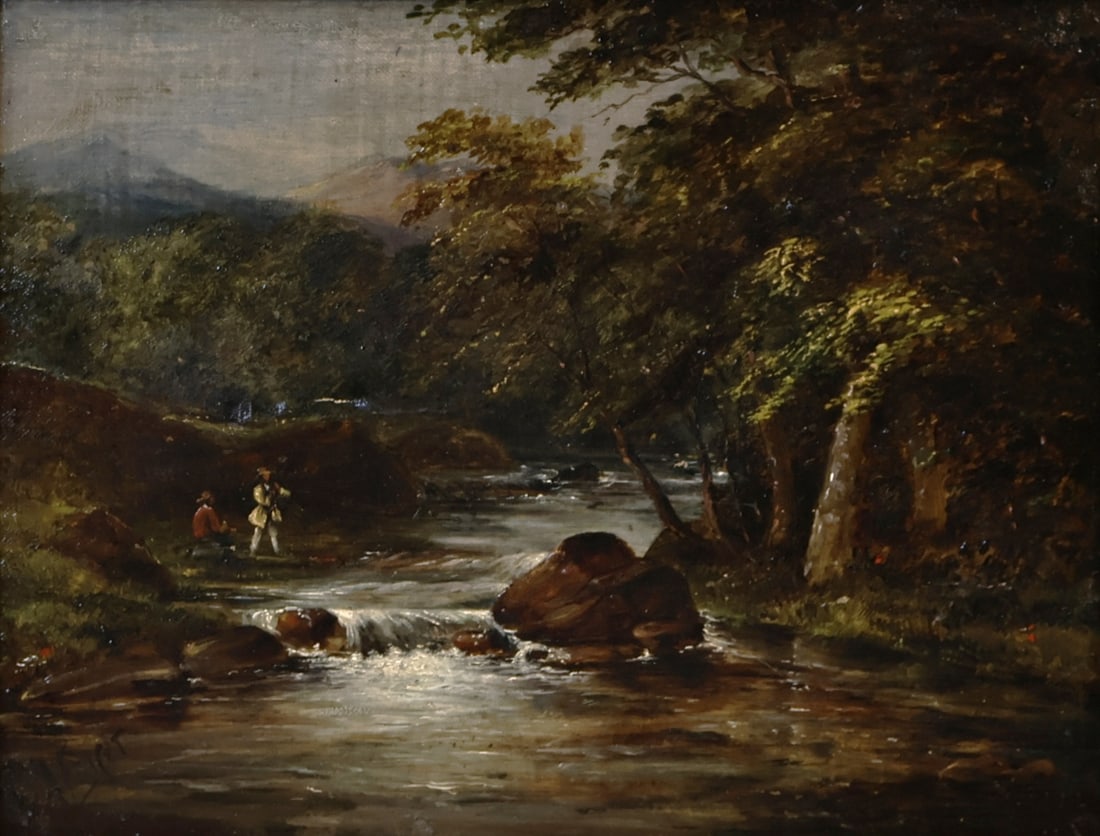 ALEXANDER FRASER (SCOTTISH, 1828-1899).: Trout Fishing at Woodcockdale'. Oil on canvas laid to panel. Signed lower left. Property from a Chappaqua, NY estate. Dimensions: 10" h 12.50" w. Frame: 16" h x 18.375" w .