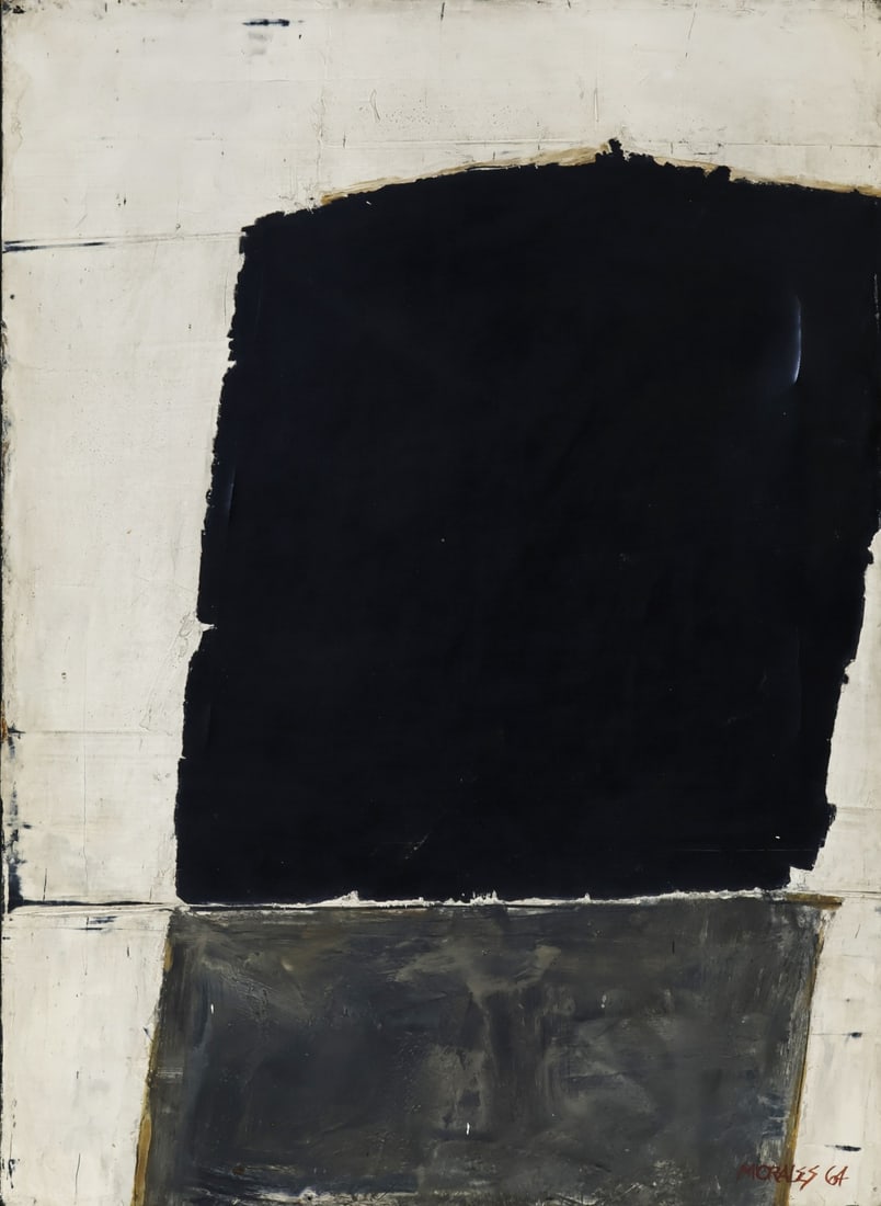 ARMANDO MORALES (NICARAGUAN, 1927-2011).: Untitled' (Black + White). 1964. Oil on canvas. Signed and dated lower right. Property from a New Rochelle, NY estate. Dimensions: 22 "h x 16" w. Frame: 22.50 "h x 16.50" w.