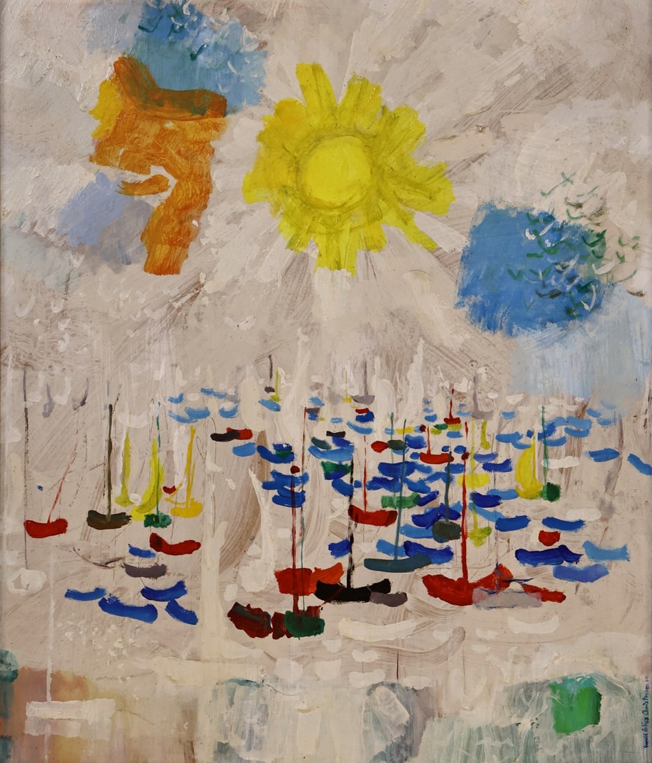 RONALD JULIUS CHRISTENSEN (AMERICAN, 1923-1999).: Boat Parade'. Oil on masonite.1964. Signed and dated lower right edge vertically. Verso: Artist, title, location, and year on board. Property from a New Rochelle, NY estate. Dimensions: 25" h x 21.125