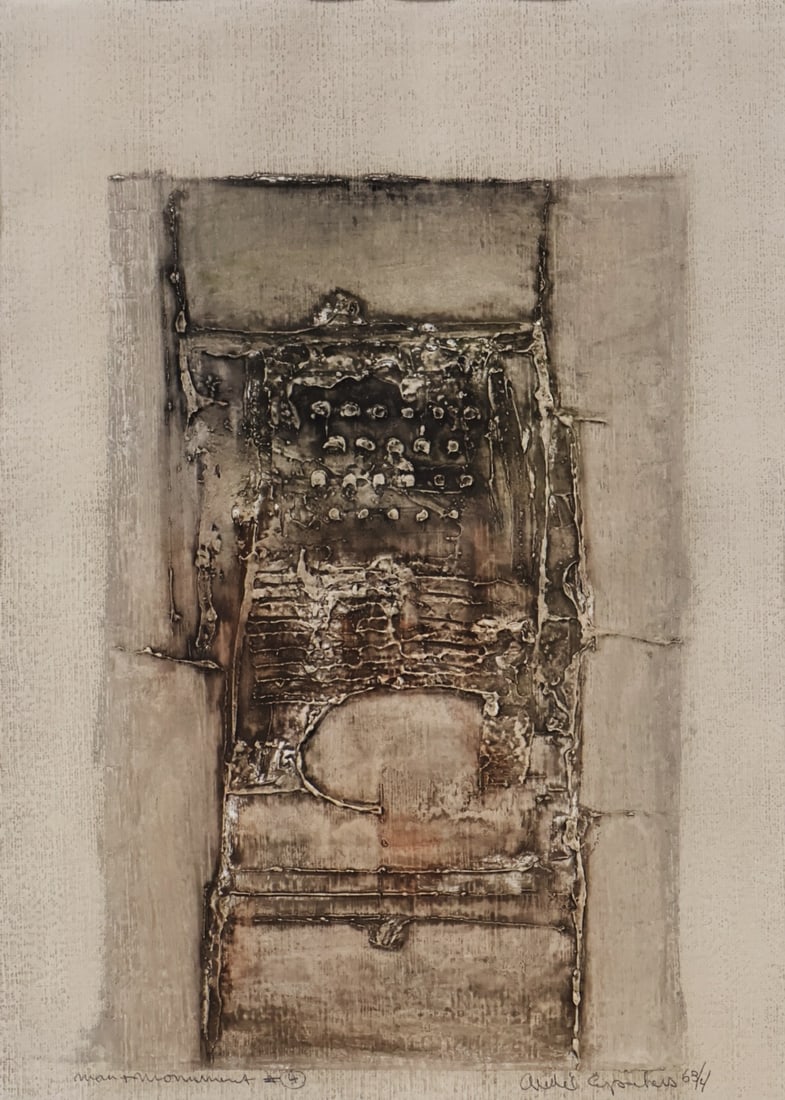 ANDRE EYSACKERS (DUTCH-CANADIAN, 1928- 2000).: Man + Monument #4'. 1963/64. Mixed media collage. Signed, dated, and titled lower margins in pencil. Property from a New Rochelle, NY estate. Dimensions: Sight: 20.50" h x 14.75" w. Frame: 27.75" h x 