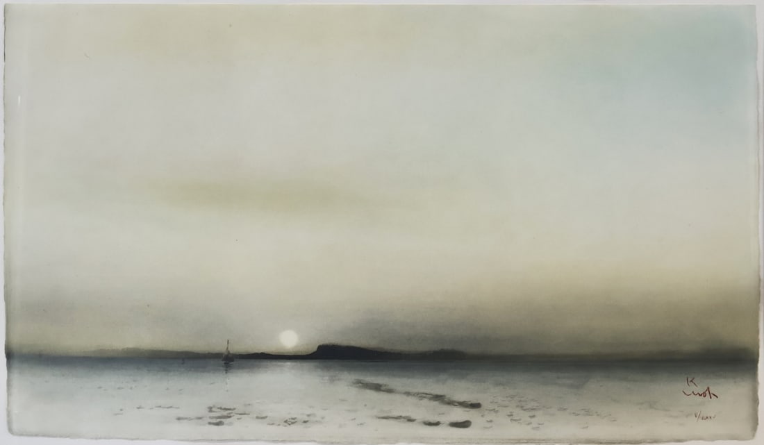 KAIKO MOTI (INDIAN, 1921-1989).: Untitled' (Coastal Scene with Setting Sun). Aquatint etching on paper. Signed and numbered 'V/LXXV' lower right. Property from a New Rochelle, NY estate. Dimension: 17.50" h x 30.125" w. Frame: 25.75"