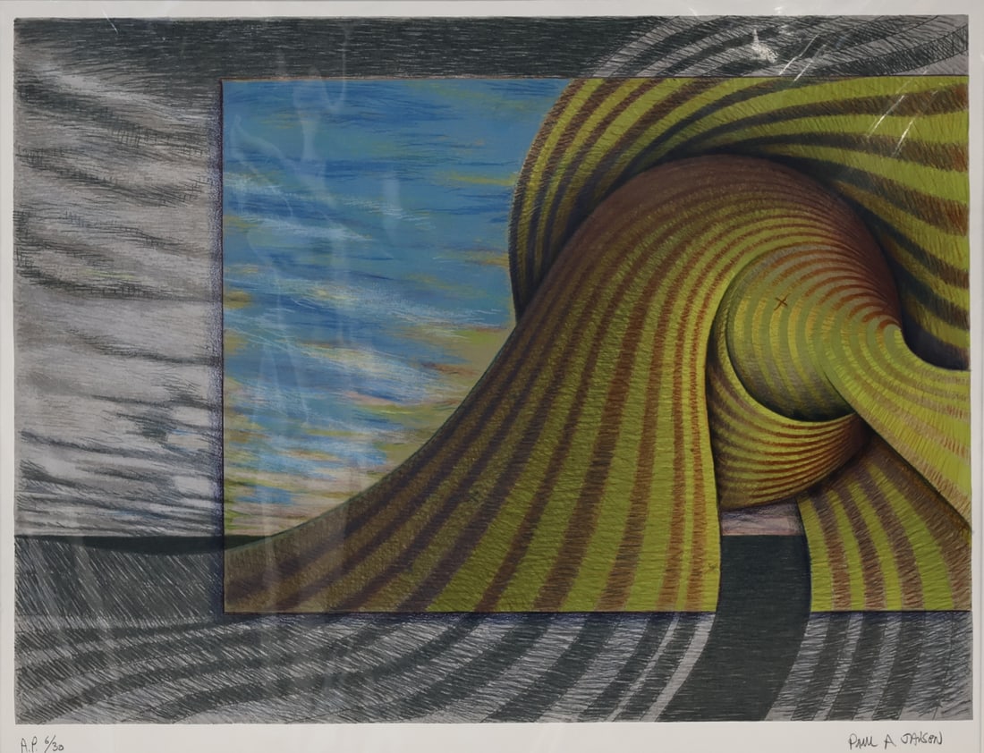 PAUL ARTHUR JENSEN (AMERICAN, b. 1945).: Untitled' (Undulating Yellow and Orange Swirls). Lithograph in colors. Signed and numbered 'AP 6/30' Lower margins in pencil. Property from a New Rochelle, NY estate. Dimensions: 20" h x 27" w. Frame: