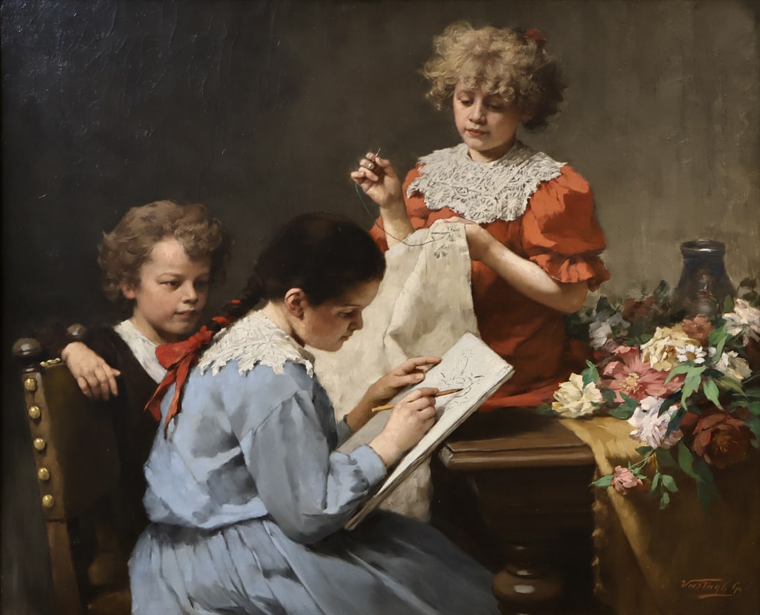 GYORGY VASTAGH (HUNGARIAN, 1834-1922).: Pastimes'. Oil on canvas. Signed lower right. Property of an Ossining, NY estate. Dimensions: 42.5" h x 52" w. Frame: 57" h x 66" w.