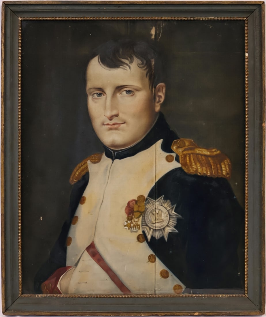 JACQUES-LOUIS DAVID (AFTER) (1748-1825).: Portrait of Napoleon Bonaparte. Mixed media, with oil on canvas. Property from a Garden City, NY estate. Dimensions: 24.125" h x 20 "w. Frame: 27" x 22.375" w.
