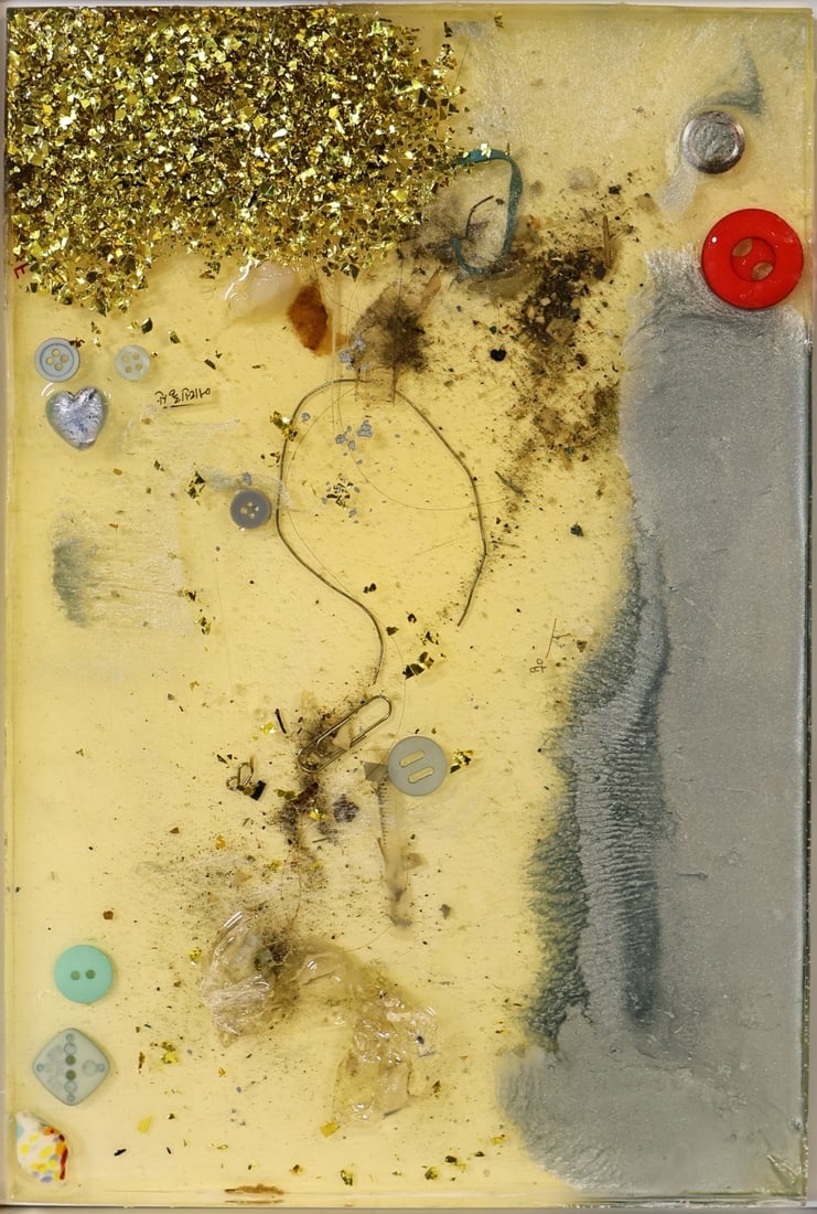 MIMI PARK (SOUTH KOREAN, b. 1996).: Untitled'. Mixed media collage, containing glitter, buttons, thread, wire in resin. Property from a Pompton, NJ estate. Dimensions: 12" h x 8" w. Frame: 12.625" h x 8.75" w .
