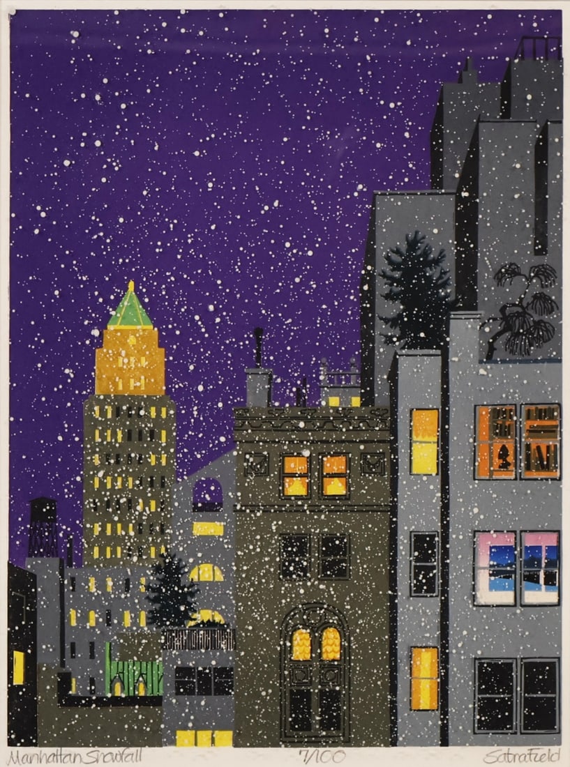 SABRA FIELD (AMERICAN, b.1935).: Manhattan Snowfall'. Woodcut. Signed, titled, and numbered 7/100 lower margins in pencil. Property from a Stamford, CT collection. Dimensions: Sight size: Image: 15.75" h x 12 "w. Frame: 23.75" h x 19