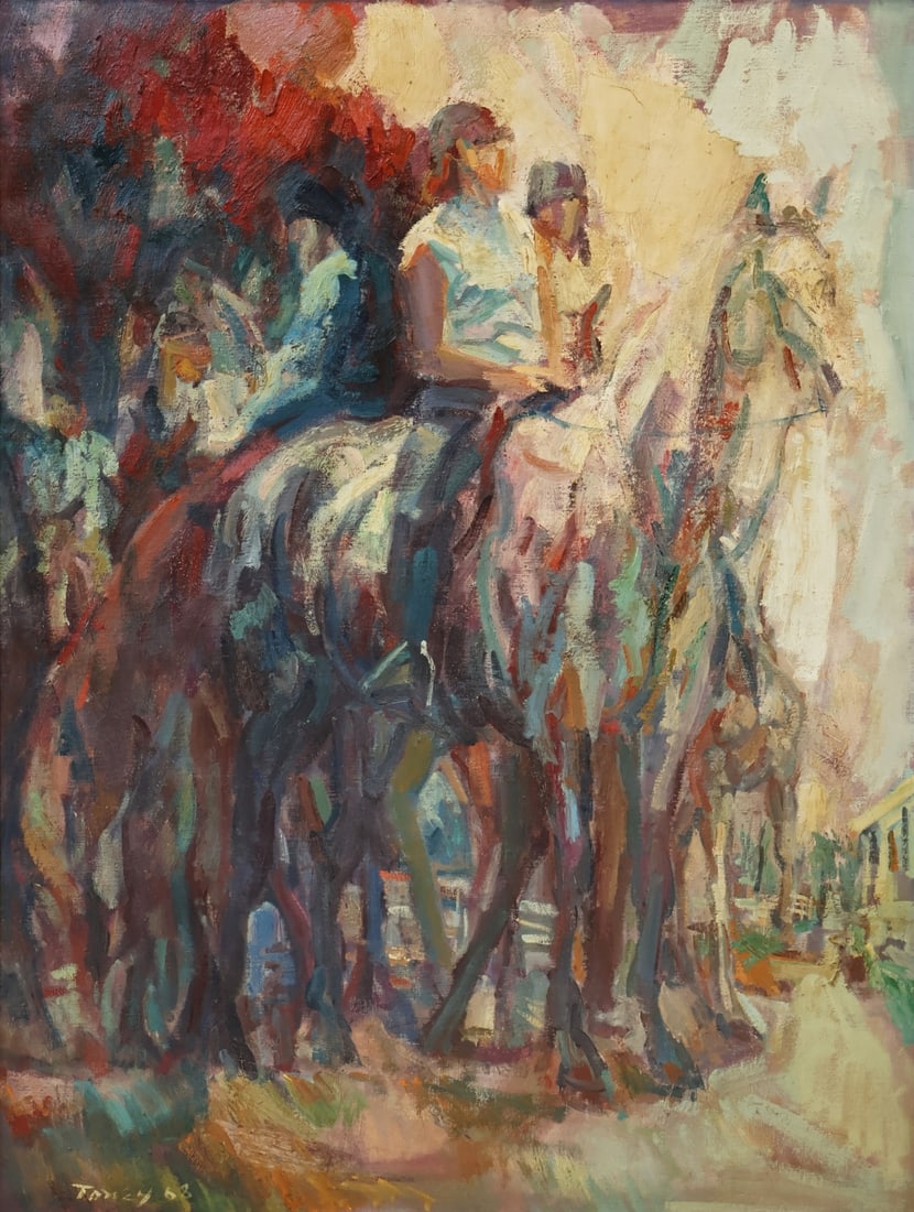 ANTHONY TONEY (AMERICAN, 1913-2004).: Riders Up'. 1962. Oil on canvas. Signed and dated lower left. Property of a Riverdale, Bronx, NYC estate. Dimensions: 48.25" h x 36.25" w. Frame: 56.25" h x 44" w.