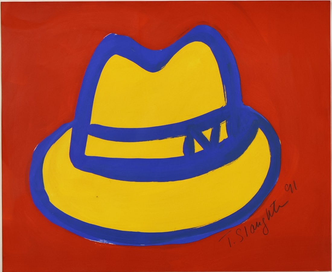 TOM SLAUGHTER (AMERICAN, 1955-2014).: Untitled' (Hat). 1991. Gouache on paper. Signed and dated lower right. Property from a Westchester County, NY collection. Dimensions: 14" h x 16.875" w. Frame: 22.125" h x 25.125" w.