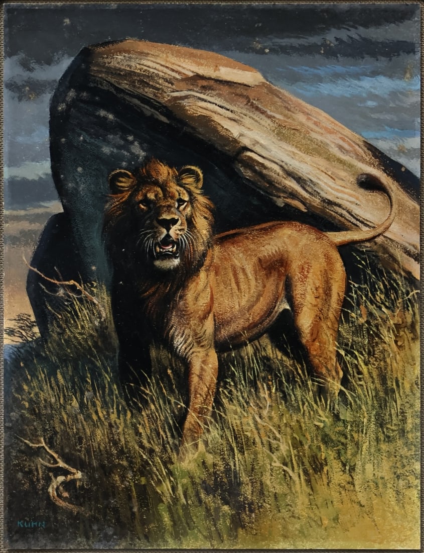 BOB KUHN (AMERICAN, 1920-2007).: A Lion Before a Rock'. Acrylic on paper board. Signed lower left. Property of a Roxbury, CT estate. Dimensions: 11.75" h x 8.75" w. Frame: 18.875" h x 15.625" w.
