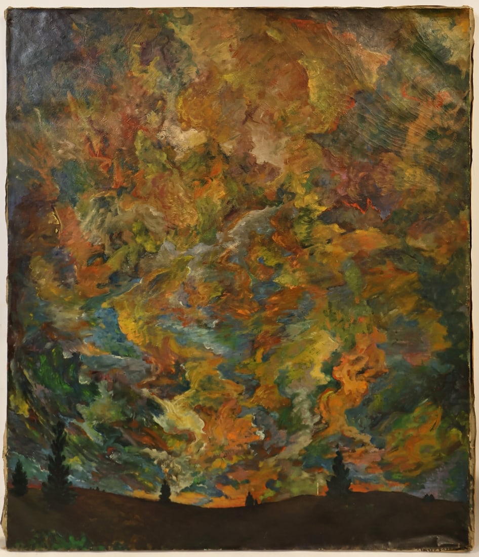 UNKNOWN ARTIST (20TH CENTURY).: Landscape with Abstract Sky'. Oil on canvas. Apparently unsigned. Property from a Westchester County, NY collection. Dimensions: 70" h x 59.75" w. (unframed).