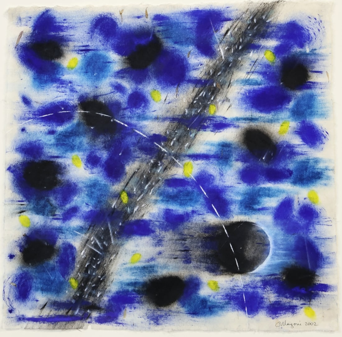 DESPO MAGONI (GREEK-AMERICAN, B. 1943).: Abstract Color Field' (Blue, Black + Yellow). 2002. Mixed media. Signed and dated lower right. Property from a Upper East Side, NYC collection. Dimensions: 19" h x 19" w. Frame: 24.375" h x 24.375" w.