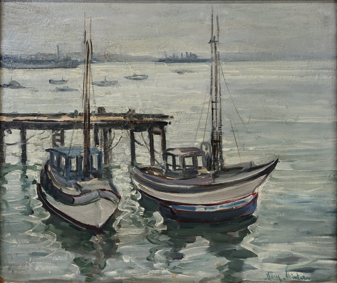 MARY MINTER (20TH CENTURY).: Docked Boats in a Marina'. Oil on board. Signed lower right. Property from a Upper East Side, NYC collection. Dimensions: 18" h x 21" w. Frame: 24.25" h x 27.50" w.