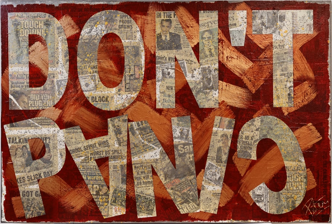 PETER TUNNEY (AMERICAN, B. 1961).: Don't Panic'. Acrylic, newspaper collage on canvas. Signed lower right. Property from a Westchester County, NY collection. 48" h x 71.75" w. (unframed). - Dimensions: 48" h x 72" w.