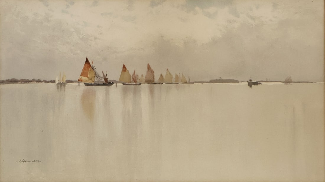 FRANCIS HOPKINSON SMITH (AMERICAN, 1838-1915).: Sailing off Venice. Watercolor. Signed lower left. Property from a Manhattan, NYC estate. Dimensions: 6.75" h x 11.75" w. Frame: 15.25" h x 19.25" w.