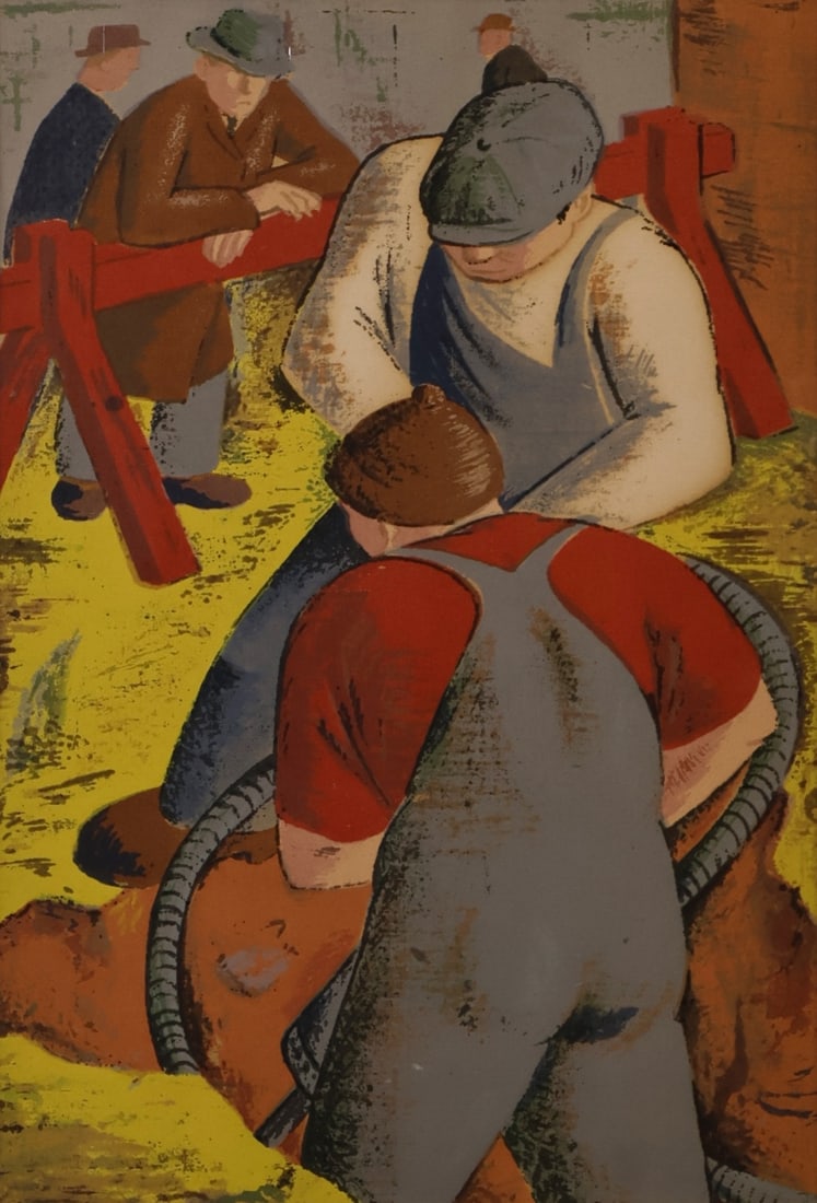 FRANK DAVIDSON (AMERICAN, 1912-1985).: Workmen'. 1940. Color screenprint. Property of a Staten Island, NY estate. Dimensions: Sight: 13.75" h x 9.25" w. Frame: 18.50" h x 14.25" w.