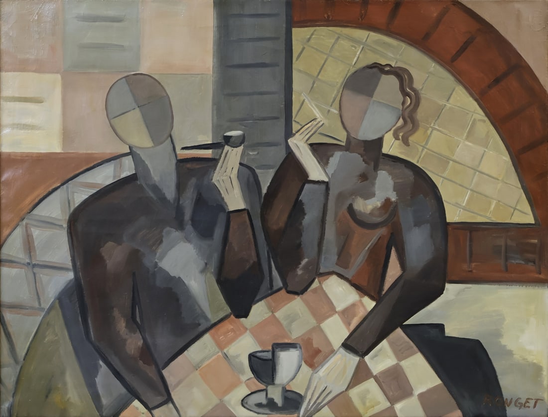 ELISABETH BOEHM ROGNET (GERMAN-FRENCH, 1899-1980).: Cubist Couple in Cafe'. Oil on canvas. Signed Lower right. Property of a New Jersey collection. Dimensions: 35" h x 45.50" w. Frame: 42" h x 52.75" w .