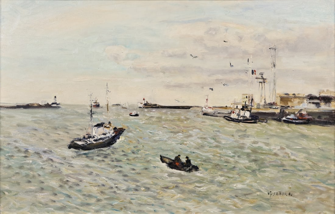 GASTON SEBIRE (FRENCH, 1920-2001).: Remorqueurs au Havre' (Tugboats in the Harbor). Oil on canvas. Signed lower right. Provenance: Wally Findlay Galleries, NYC. Property of a New Jersey collection. Dimensions: 25.75" h x 39.25" w. Frame