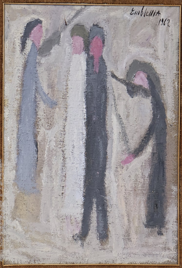 SALVATORE EMBLEMA (ITALIAN, 1929-2006).: A Wedding Blessing'. 1962. Raw pigment on jute canvas. Signed and dated upper right corner. Property from an Amelia, NY estate. Dimensions: 31.50 "h x 22.875" w. Frame: 32.25" h x 23.75" w.