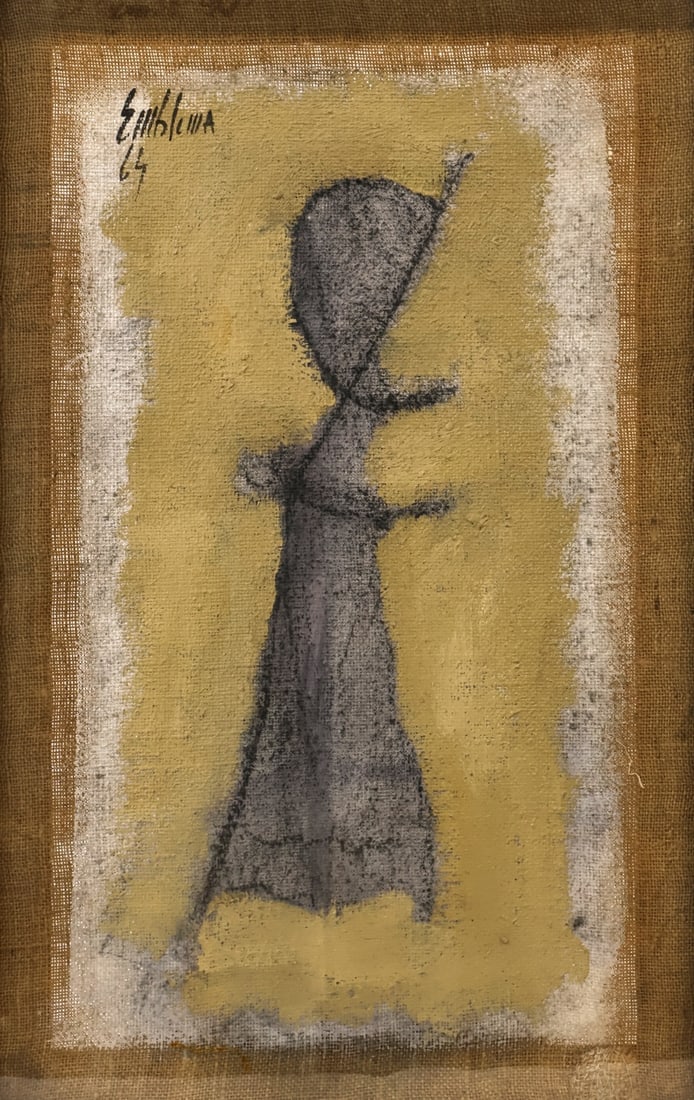 SALVATORE EMBLEMA (ITALIAN, 1929-2006).: Untitled' (Figure with Yellow Background). 1964. Raw pigment on jute canvas. Signed and dated upper left. Property from an Amelia, NY estate. Dimensions: 31.125" h x 19.50" w . Frame: 32" h x 20.50" w