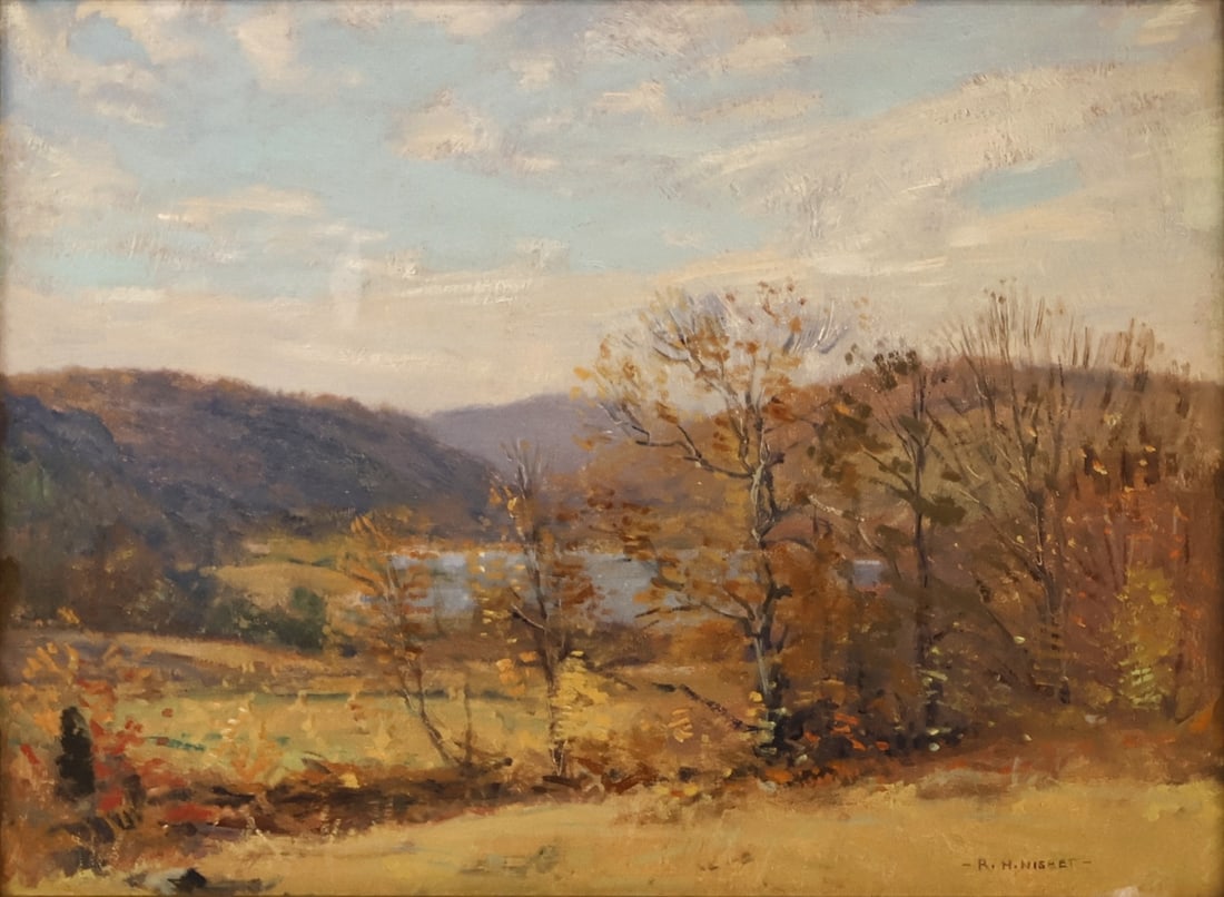 ROBERT HOGG NISBET (AMERICAN, 1879-1961).: Leonard Pond. Oil on board. Signed lower right. Verso: Title, artist, address, and inscribed. Property from a Kingston, NY estate. Dimensions: 12.25" h x 16.25" w. Frame: 16.75" h x 20.75" w.
