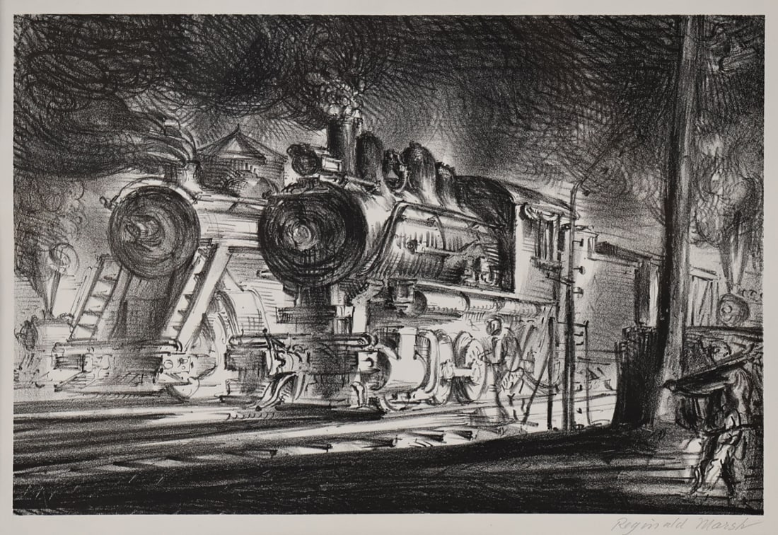 REGINALD MARSH (AMERICAN, 1898-1954).: Switch Engines, Erie Yards, Jersey City (Stone No. 3) 1947/48. Lithograph. Signed lower right in pencil. Property from a Queens, NY collection. Dimensions: Sight: 10" h x 14" w. Frame: 18.75" h x 22.5