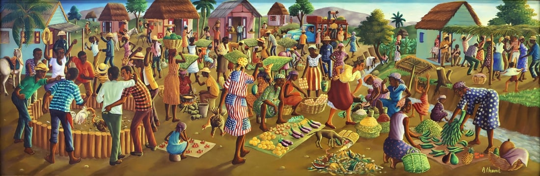 ANDRE NORMIL (HAITIAN, 1934-2014).: Market Day'. Oil on masonite. Signed lower right. Property of a Maine collection. Dimensions: 16" h x 48" w. Frame: 25" h x 57" w .