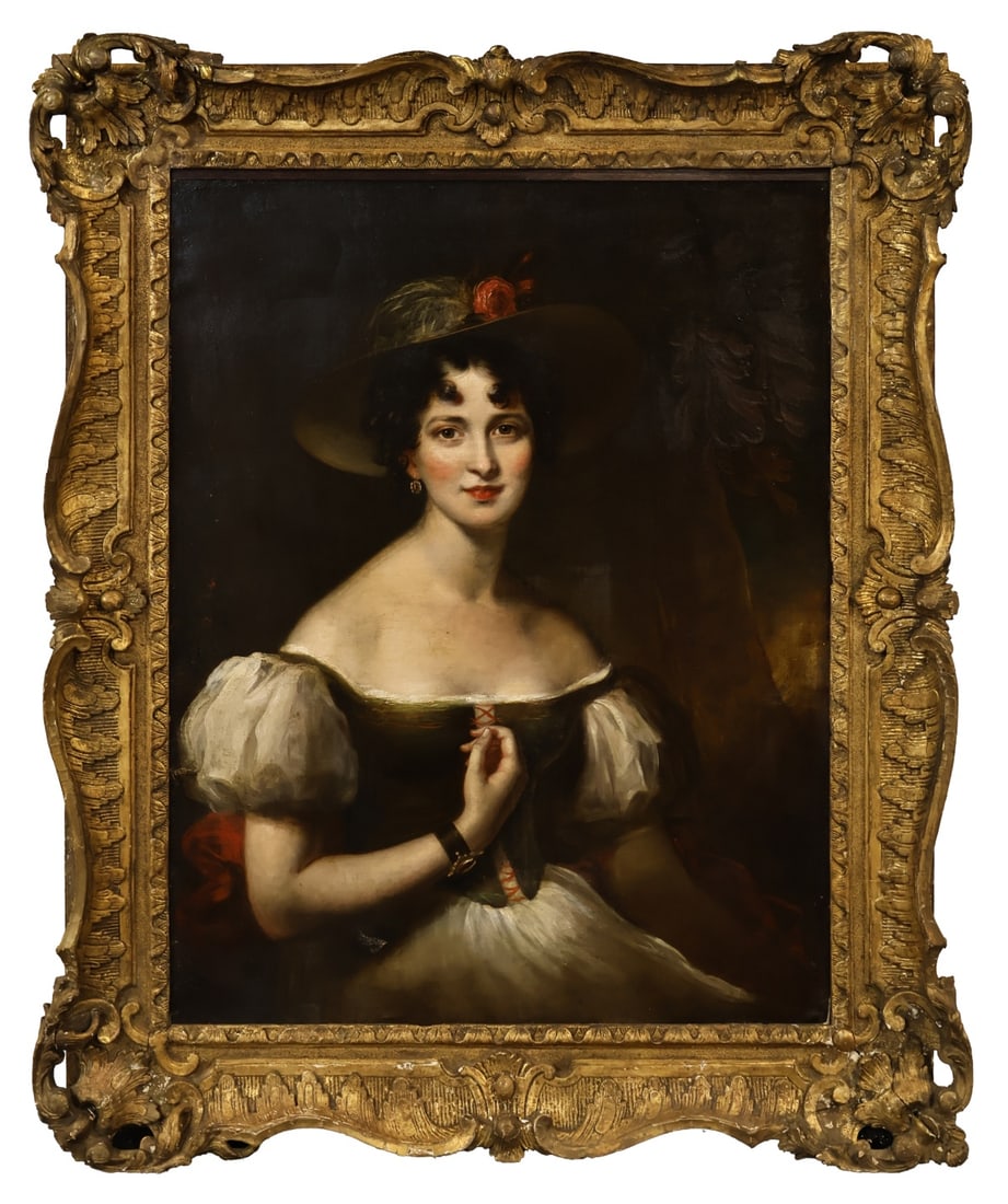 SIR THOMAS LAWRENCE (CIRCLE OF) (1769-1830).: Portrait of a Young Lady. Oil on canvas. Property of a Larchmont, NY estate. Note: Housed in an18th century English carved gilt frame. Dimensions: 36" h x 28" w. Frame: 46.75" h x 38.25" w.