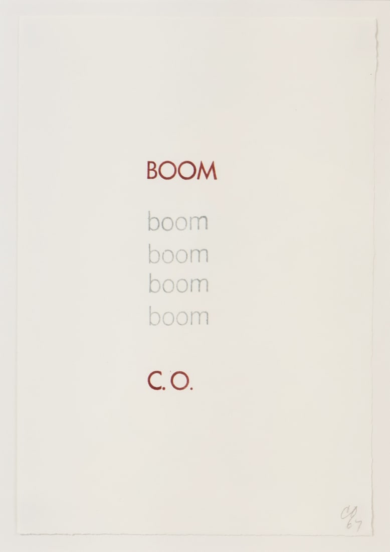 CLAES OLDENBURG (SWEDISH-AMERICAN, 1929-2022).: Boom (folio 11) [from Stamped Indelibly]. 1967. Rubber stamp in color. Initialed and dated lower right corner in pencil. Publisher and printer Indianakatz, NY. Property of an Old Lyme, CT collection. 