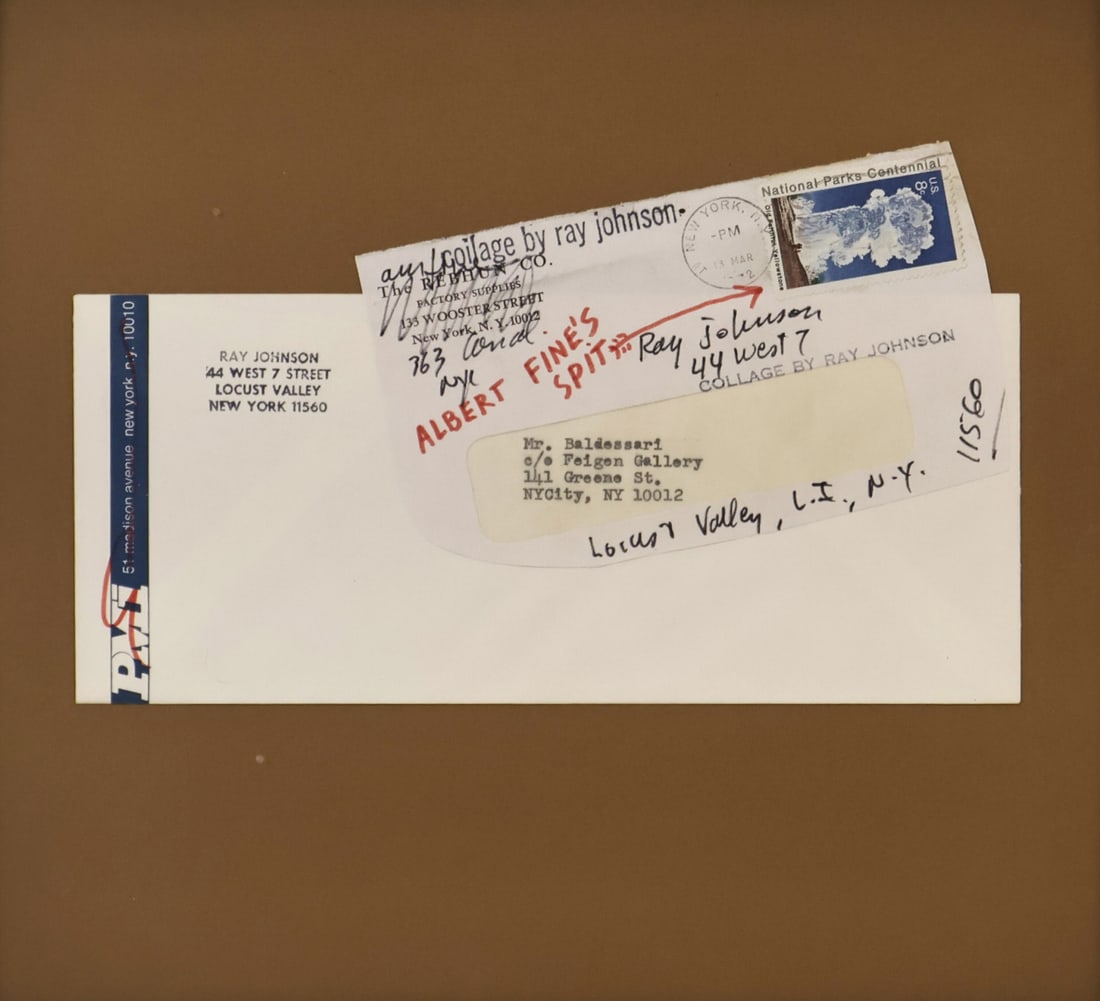 RAY JOHNSON (AMERICAN, 1927-1995).: Untitled' (Albert Fine's Spit). Letter Collage with felt pen. Artist's rubber stamp middle right. Property of an Old Lyme, CT collection. Dimensions: 10.50" h x 11/50" w. Frame: 11.375 "h x 12.375 "w.