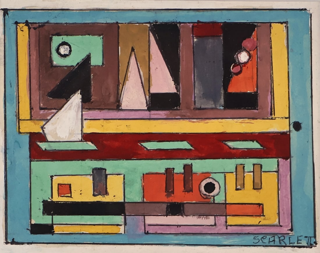 ROLPH SCARLETT (AMERICAN, 1889-1984).: Untitled' ('Geometric Bookshelves'). Mixed media. Signed lower right. Property of an Old Lyme, CT collection. Dimensions: Sight: 4.50" h x 6" w. Frame: 10.75" h x 13.625" w.