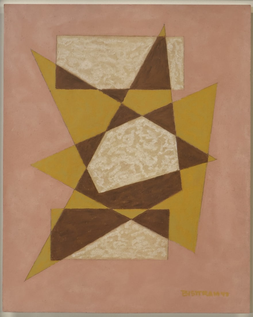EMIL BISTTRAM (AMERICAN, 1895-1976).: Untitled' (Pink, Ochre, White, and Brown Geometric). Pastel and graphite on card. Signed lower right. Property of an Old Lyme, CT collection. Dimensions: 10" h x 8" w. Frame: 15.375" h x 13.25" w.