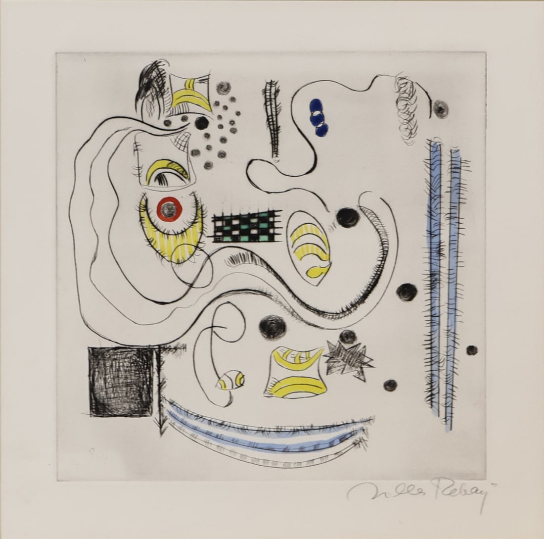 HILLA REBAY (GERMAN-AMERICAN, 1890-1967).: Untitled' (Abstract Composition with Yellow). Etching and aquatint in colors. Signed lower right in pencil. Property of an Old Lyme, CT collection. Dimensions: Plate 7.875" h x 7.875" w. Frame: 17.50"