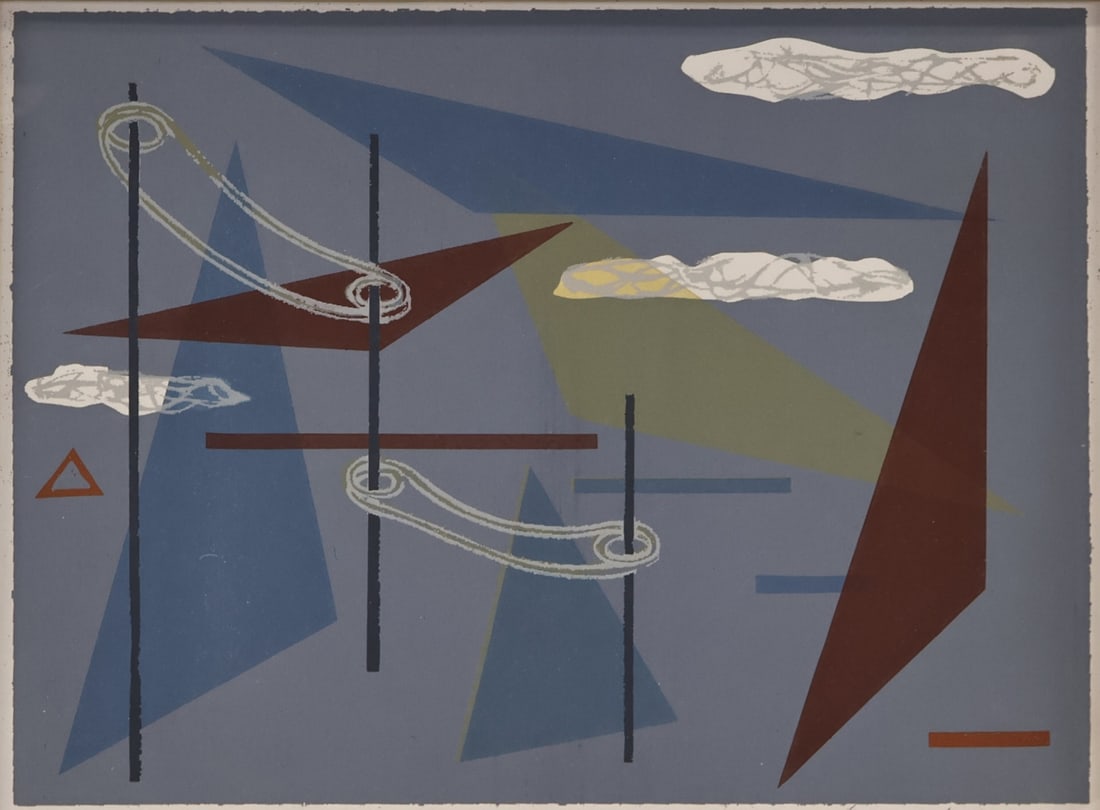 MORRIS BLACKMAN (AMERICAN, 1902-1979).: Space Planes. Silkscreen in color. Signed, titled, artist inscribed dedication, and 'Proof' lower middle and margins in pencil. Property of a Old Lyme, CT collection. Dimensions: 9" h x 12" w. (unfram