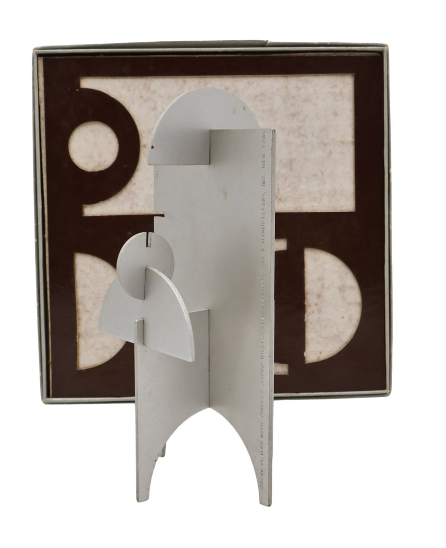 WILLI GUTMANN (SWISS, 1927-2013).: Cross Plates with Circles. 1969. Aluminum. Impressed manufacturer's mark to edge of largest plate. Produced by Artmongers & Manufactory Inc, NY. Note: Disassembled in original cardboard box. Property 