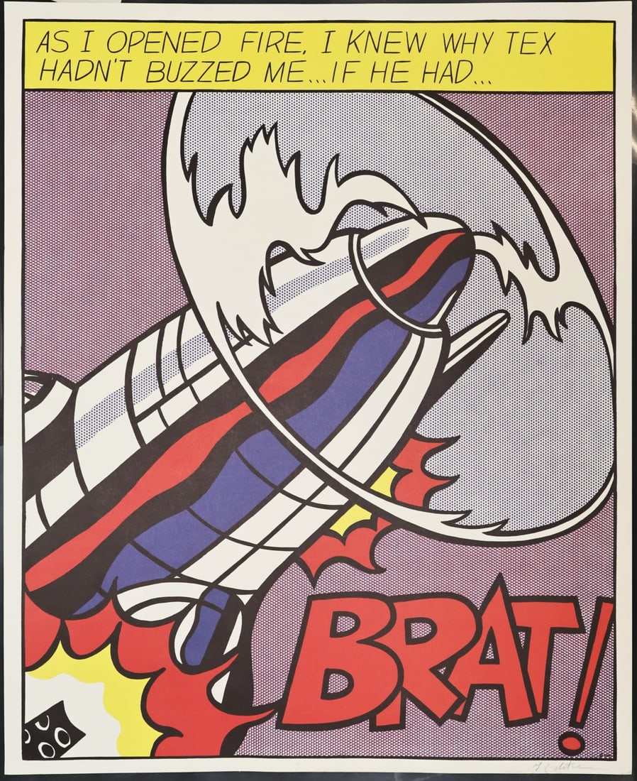ROY LICHTENSTEIN (AMERICAN, 1923-1997).: As I Open Fire' (triptych panel 1). Offset lithograph in color. Signed lower right in pencil. Published by the Stedelijk Museum, Amsterdam. Property of an Old Lyme, CT collection. Dimensions: 25.25" h
