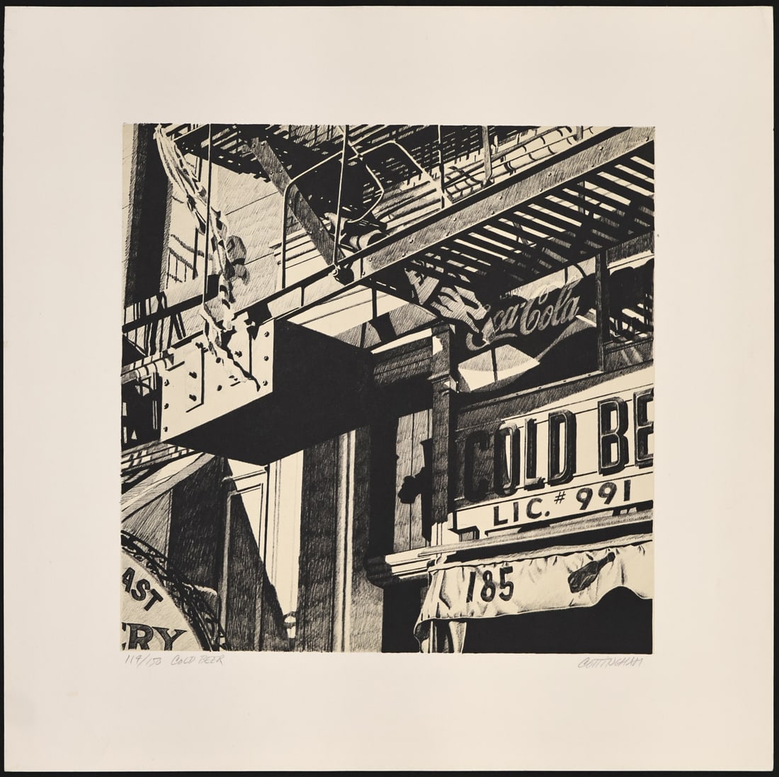 ROBERT COTTINGHAM (AMERICAN, b. 1935).: Cold Beer. 1989. Offset lithograph. Signed, titled, and numbered '114/150' lower margins in pencil. Published by Jackie Fine Arts, NY. Property of an Old Lyme, CT collections. Dimensions: Sheet: 20.25