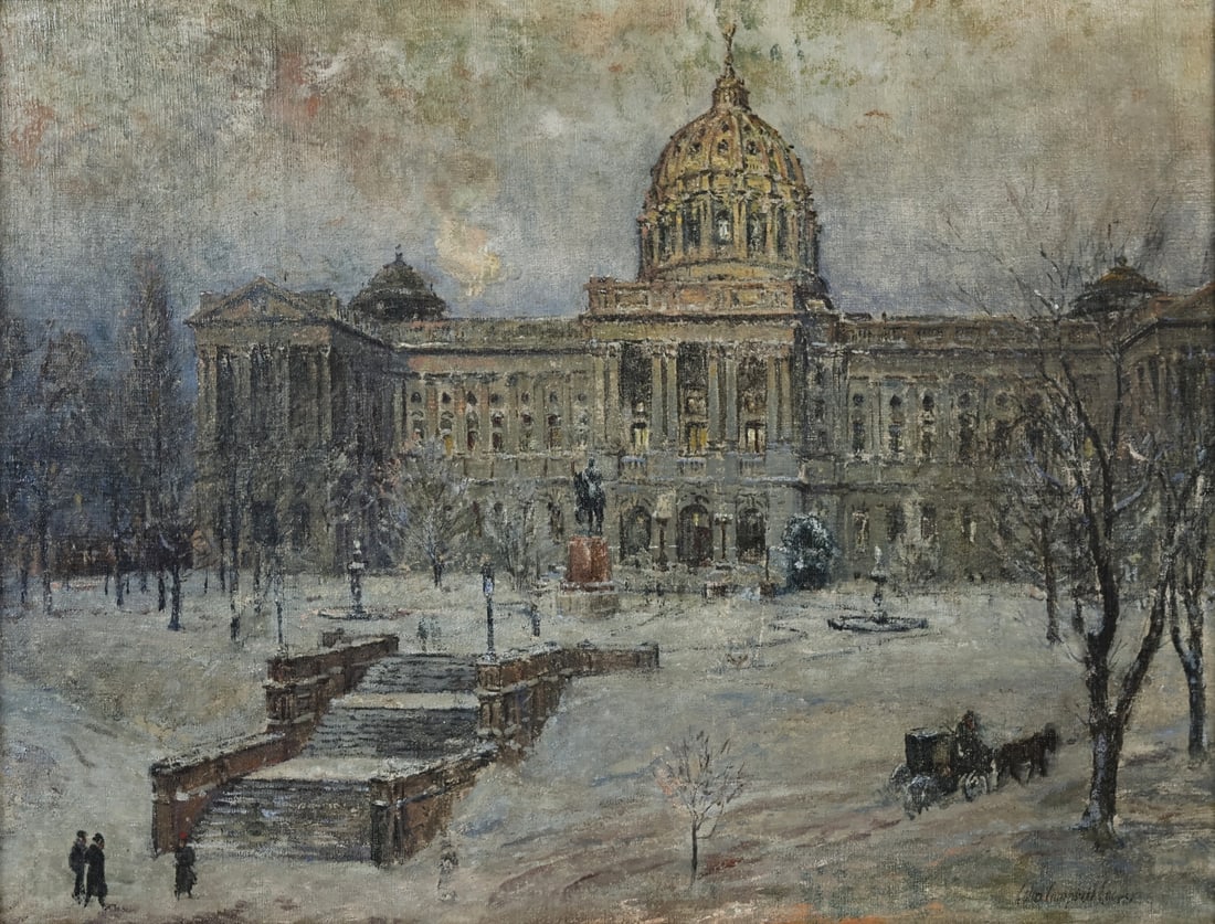 COLIN CAMPBELL COOPER (AMERICAN, 1856-1937).: The State Capital, Harrisburg.' Oil on canvas. Signed lower left. Property of an Annandale, NJ estate. Dimensions: 20" h x 26" w. Frame: 25.50" h x 31.50" w.