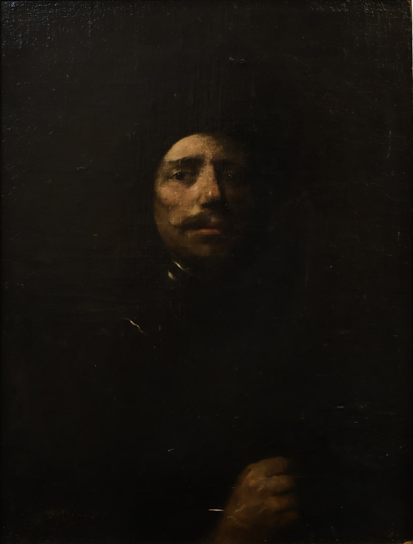 REMBRANDT (MANNER OF) (1609-1669).: Portrait of a Man in a Gorget. Oil on canvas laid to masonite. Illegibly signed lower right. Property of a Little Neck, L.I. estate. Dimensions: 31.25" h x 23.50" w. Frame: 36" h x 23.50" w.